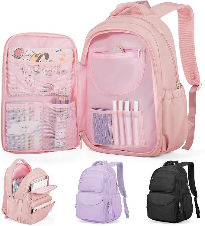 Cute Backpack For School Teens Girls, Aesthetic Kids Elementary School Backpacks, Waterproof Middle Students Bookbag, Large Capacity Backpack For College Women Men (Pink)