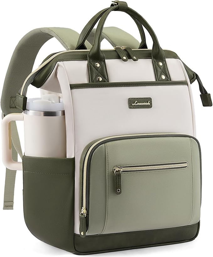 LOVEVOOK Laptop Backpack for Women with Giant Tumbler Holder,17 inch Professional Nurse Teacher Backpack Computer Laptop Bag,Cute Travel Backpack Purse Work College Bag, Beige-Bean green-Army green