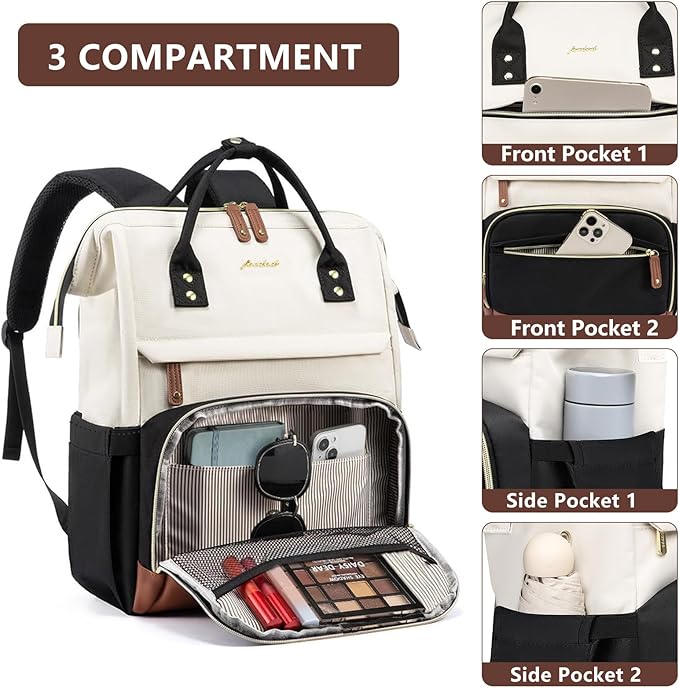 Laptop Backpack for Womem Work Bags: 18 Inch Anti Theft FashionTravel BackPacks With USB Charging Port Durable Back Pack Purse Bussiness Daypack for Nurse Teacher Beige Black Brown