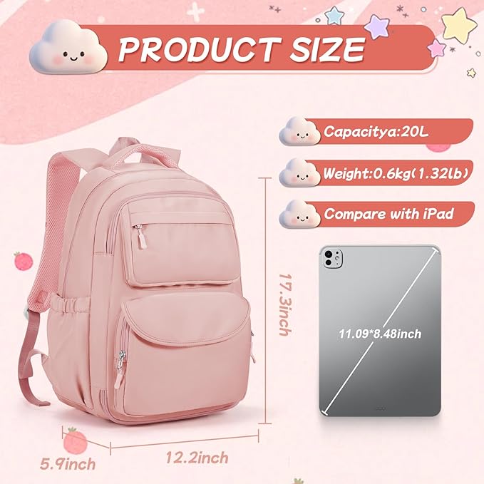 Cute Backpack For School Teens Girls, Aesthetic Kids Elementary School Backpacks, Waterproof Middle Students Bookbag, Large Capacity Backpack For College Women Men (Pink)