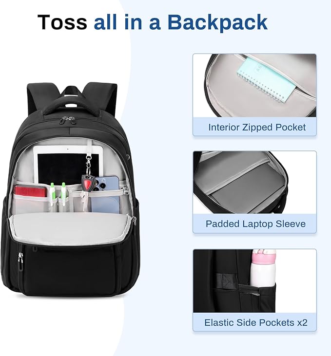 School Backpack for Girls, Lightweight Kids Bookbag for Boys Classic College Backpack for Teen Men Women with Luggage Strap, Age 8-18 Years Old, Black