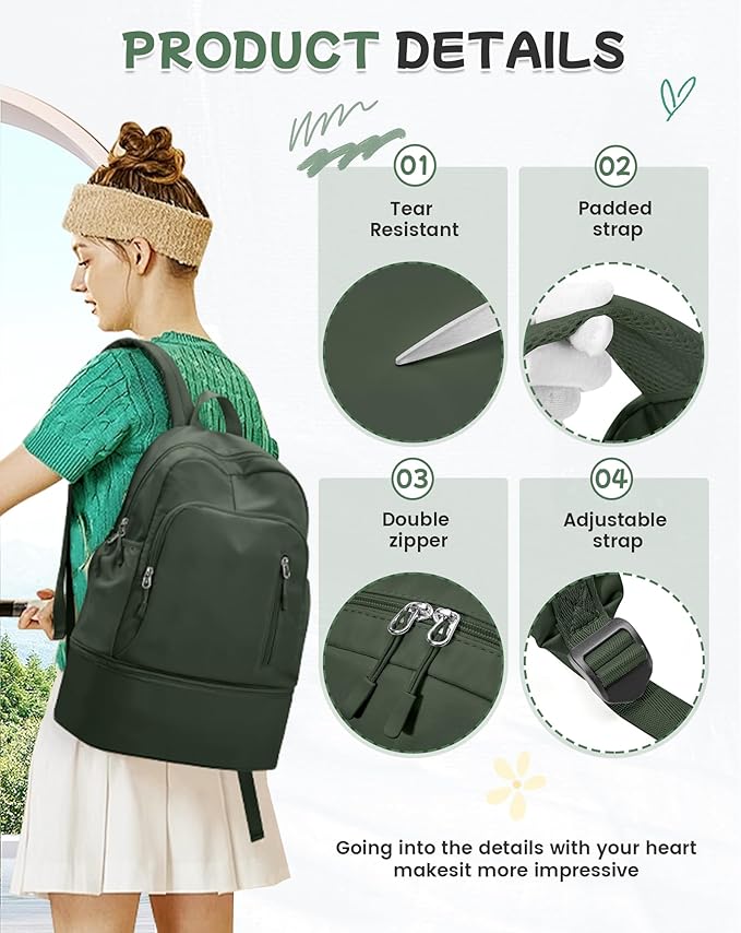 BJLFS Small Gym Backpack for Women Men, Waterproof Gym Track Bag with Expandable Shoe Compartment, Lightweight Mini Casual Daypack Sports Back Pack for Travel Hiking Dance Yoga Fitness Track, Green
