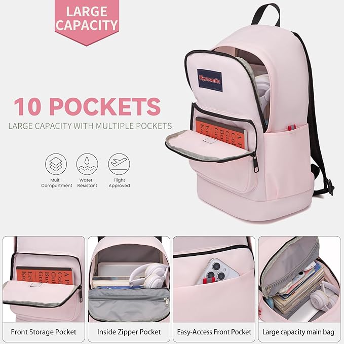 Classic Casual Backpack, Lightweight Daypack with 10 Pockets, Laptop Compartment, EVA Foam Pad (Light pink)