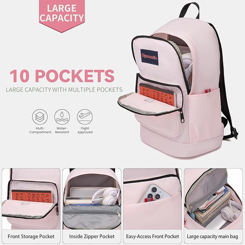 Classic Casual Backpack, Lightweight Daypack with 10 Pockets, Laptop Compartment, EVA Foam Pad (Light pink)