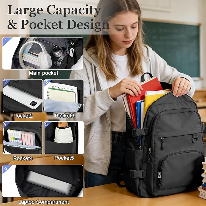 Lightweight Black College Backpack for Women Men Cute School Bag for Teens Girls Boys High School Backpack for Students Waterproof Casual Daypack Backpack