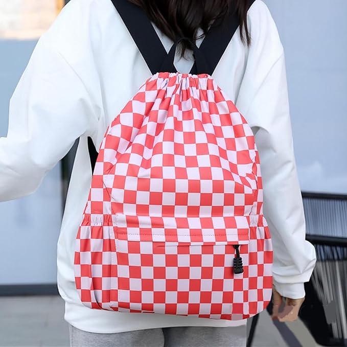 Drawstring Backpack for Women Drawstring Gym Bag Water Resistant Small Cinch Sack Pull String Backpack Bag (Checkered-Pink)