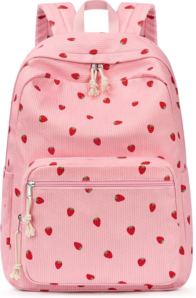 mibasies School Backpack for Girls with Laptop Sleeve: 18IN Large Capacity Corduroy Bookbag for Primary Middle School/College, Travel Daypack for Teens Women - Red Strawberry