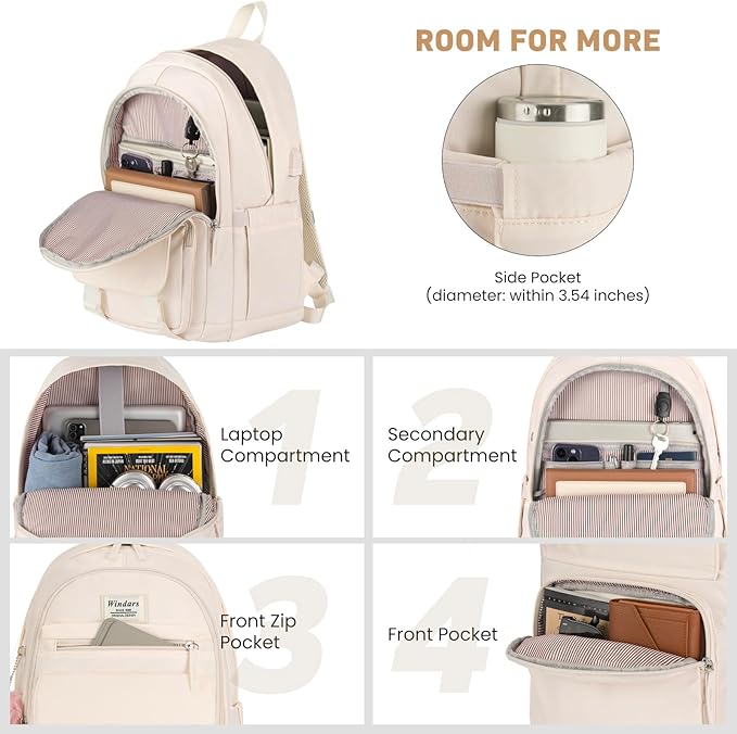 School Backpack for Teen Girls, Cute College Backpacks for Women Students Aesthetic Bookbag Large 15.6 Inch Laptop Bag Middle School Travel Back Pack (Beige)