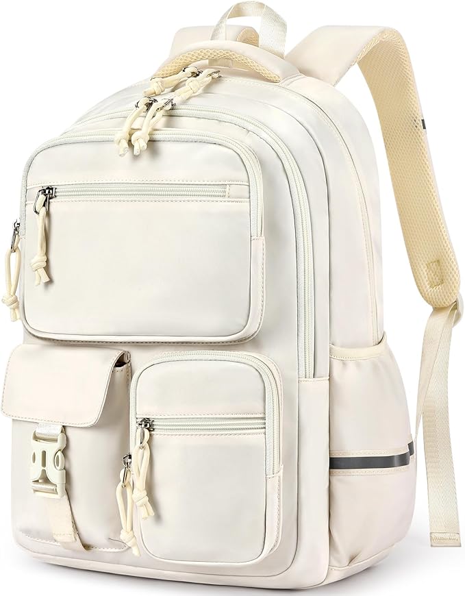mibasies School Backpack for Teen Girls: 17.9 IN Backpack for Women with Laptop Compartment for Middle High Elementary School College Travel- Kids Bookbag Beige