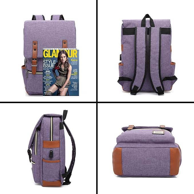 UGRACE Vintage Laptop Backpack with USB Charging Port, Elegant Water Resistant Travelling Backpack Casual Daypacks College Shoulder Bag for Men Women, Fits up to 15.6Inch Laptop in Purple