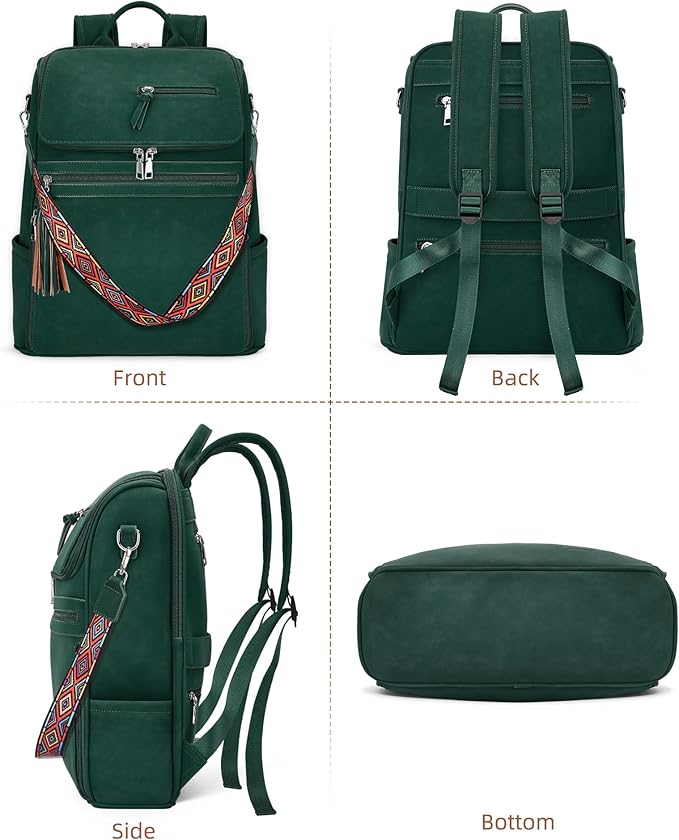 Leather Laptop Backpack for Women Designer Laptop Bag, 16.5 inch Travel Computer Backpacks Purse with Tassel for Work Business with Satchel Purse Green