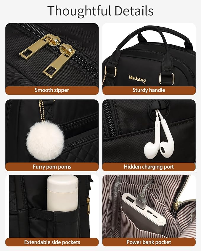 17.3in Women Laptop Backpack, Bookbag for Teen Girls Middle High School College Students, Teacher Work Bag Nursing School Bag, Black