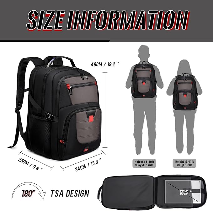 Business Laptop Backpack with LifetimeWarranty, 17.3 Inch Extra Large TSA Approved Travel Rucksack for Men Women, Big Airline Approved Work Computer Pack for Office Trips,Grey