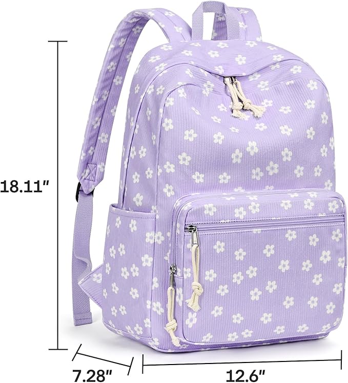 mibasies School Backpack for Girls with Laptop Sleeve: 18IN Large Capacity Corduroy Bookbag for Primary Middle School/College, Travel Daypack for Teens Women - Purple Flower