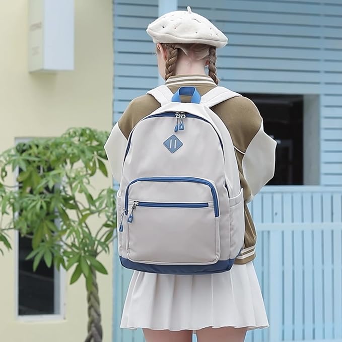 Lohol Classic Backpack for Girls Boys Teens, Lightweight Bookbag for School Travel College (Beige/Blue)