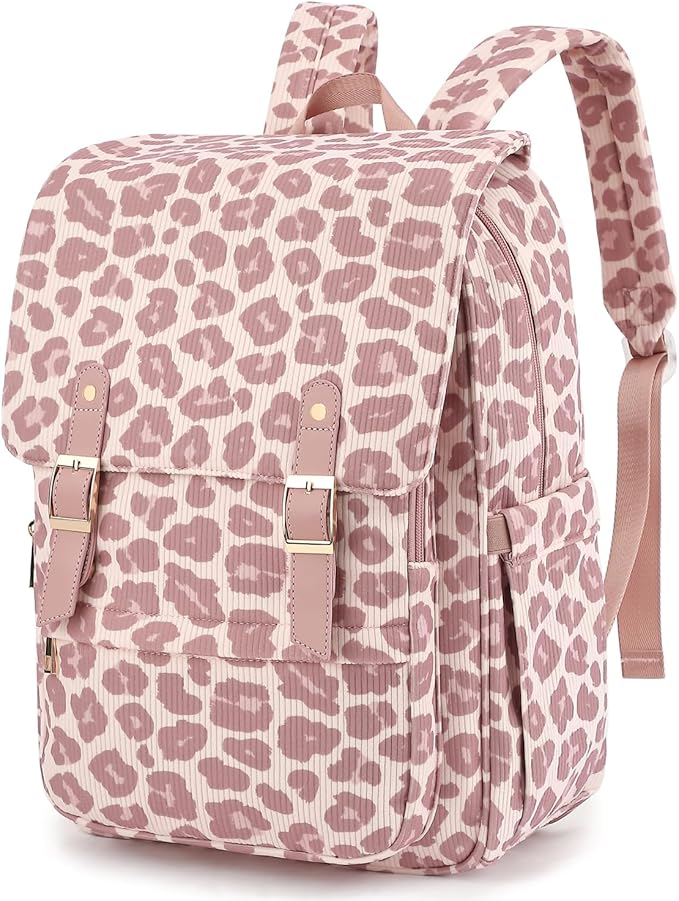 Corduroy Laptop Backpack for Women, Fits 15.6 Inch Computer Bag, College High School Bookbag Travel Daypack Purse, Work Business Bags - Corduroy Leopard