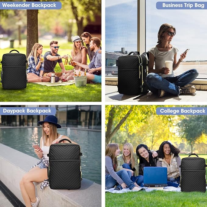 LUOCIP Large Carry On Travel Backpack - Flight Approved Waterproof Luggage Suitcase Backpacks Personal Item Size for Women Fit 17 Inch Laptop College Overnight Weekender Bag With 3 Packing Cube Black