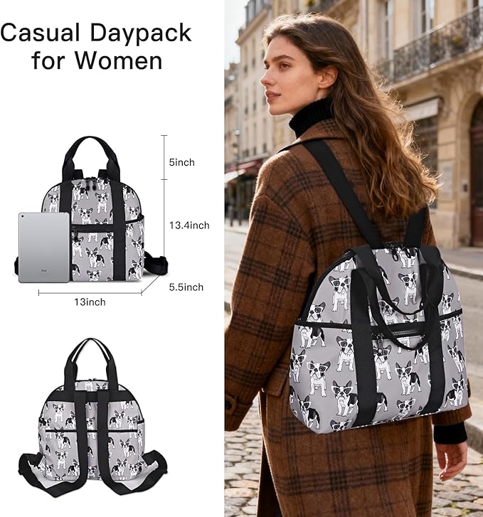 Women’s Backpack Purse Medium Size with Trolley Sleeve, Adjustable Strap/Top Handle, Water Resistant Travel Daypack, Gray Dog