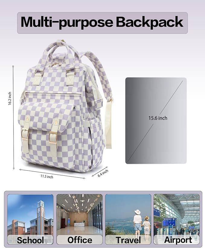 Laptop Backpacks for Women, Corduroy High School College Bookbag 15.6 Inch Laptop Bags for Girls Travel Daypack - Checkered Purple