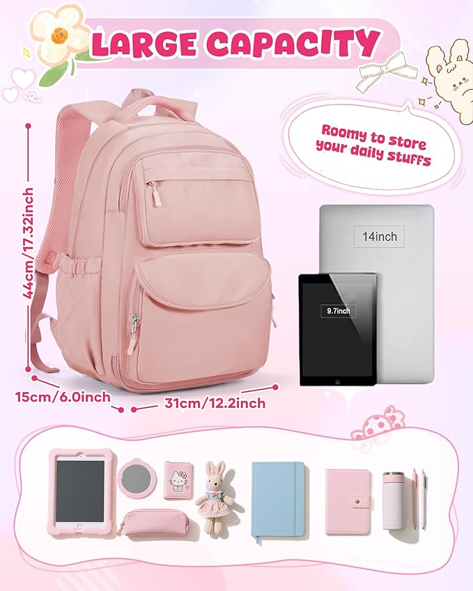 Backpack for Girls,Kids School Backpack Girls Cute Kindergarten Elementary Preschool Middle School Bags Kids Teens Aesthetic Bookbag Kawaii Backpacks Student Daypack Pink