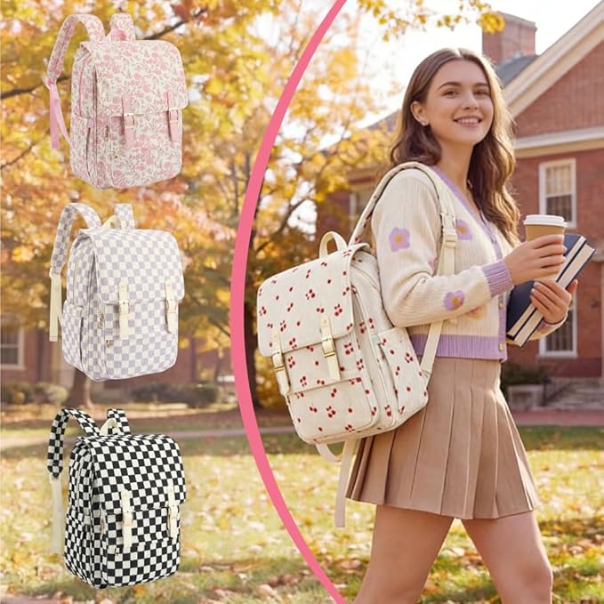 Women Laptop Backpack, Corduroy 15.6" Travel Backpack for Work College Business, Teacher Nurse Bag with Large Capacity School Bookbag Bags for Girls - Cherry Bow Beige