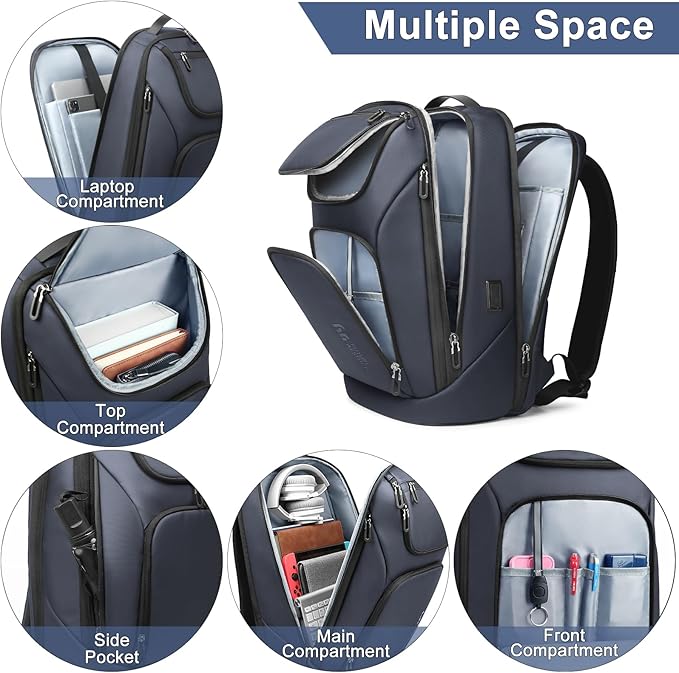 hk Business Smart Backpack for Men Anti-Theft for 17.3 Inch Laptop with USB Charging Port Water-Resistant Large Durable Compact 30L for Travel College Work-Deep Blue