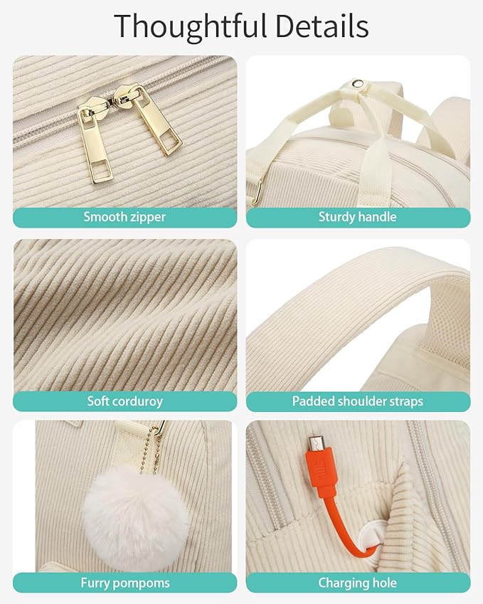 Cute Backpacks for Women, 17.3in Laptop Bag for Teen Girl Corduroy Bookbag for Middle High School College Students, Beige