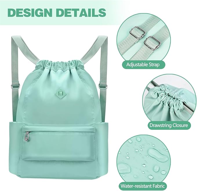 Drawstring Backpack with Wet Pocket Gym Backpack Water-Resistant Cinch String Bag Beach Swim for Women Men