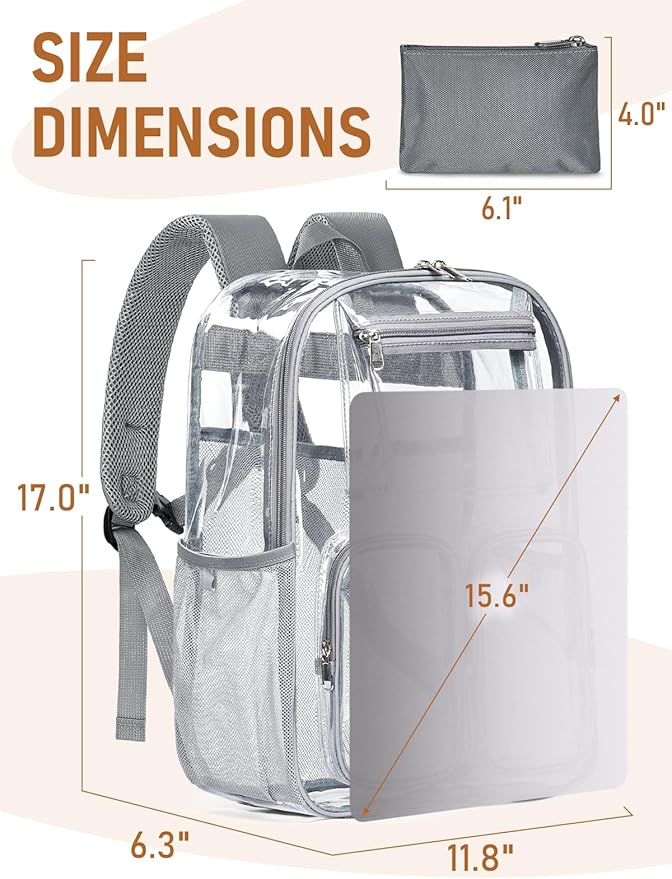 Large Clear Backpack Heavy Duty for Women Men Boys Girls, Clear Bookbag for School, 17 Inch Transparent Backpack with Accessories for Work Casual Sport, grey
