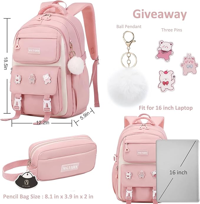 AO ALI VICTORY Backpack for Women Girls Set with Pencil Case 15.6 Inch Laptop School Bag Kids Elementary College Backpacks