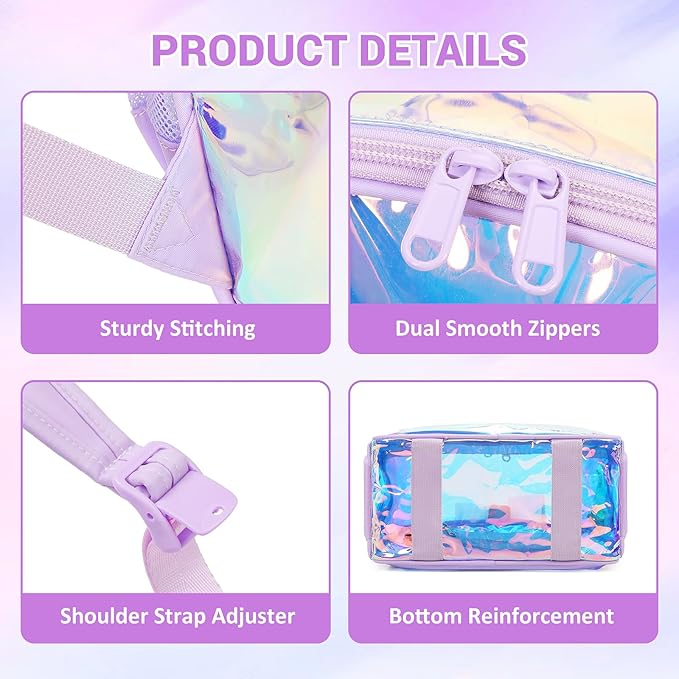Clear Backpack for Stadium Events Approved 12×6×12, Thick TPU Mini Clear Bag with Front Pocket for Concert Sport Events Work Travel, Purple Iridescent