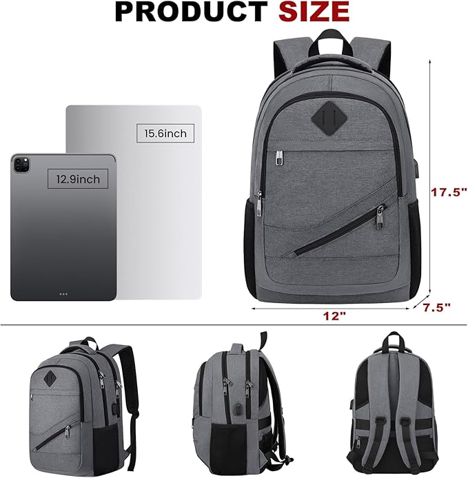 School Laptop Backpack for Women Men: 15.6 Inch College High School Backpacks with USB Charging Port Waterproof Travel Back Pack with Anti-theft Pockets Casual Work Daypack for Boys Students (Gray)