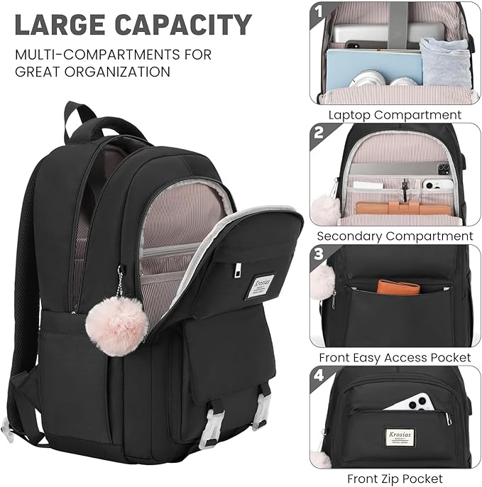 School Backpack for Girls Teens, Cute Aesthetic College Backpacks Large 15.6 Inch Laptop Bag Preppy Bookbag for Women Students Travel (Black)