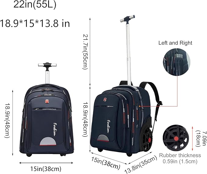Rolling Backpack for Adults, 22 Inch Backpack with Wheels for Business, College Student and Travel Commuter, Waterproof Wheeled Backpack (blue)