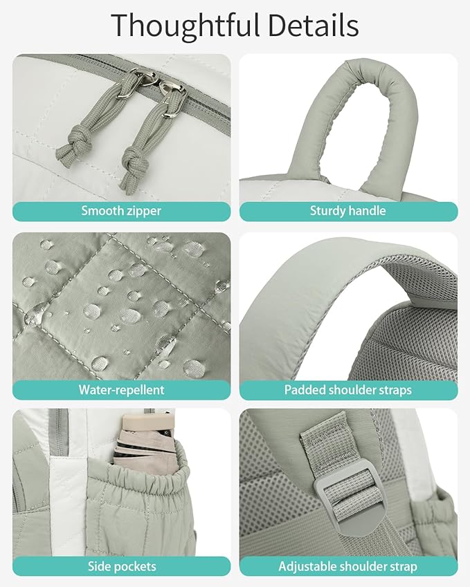 Bookbag for Women, Teen Girls Backpack for High School College Student, Puffer Quilted Back Pack Cute Laptop Backpack for Work Travel Mom Casual Daypack, Beige Green