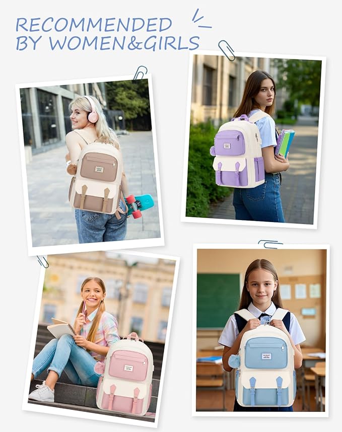 School Backpack for Teen Girls, Cute Laptop Bookbag 17.3in for Women College Students Aesthetic Schoolbag Middle High School Travel Mochilas Niñas, Khaki Beige