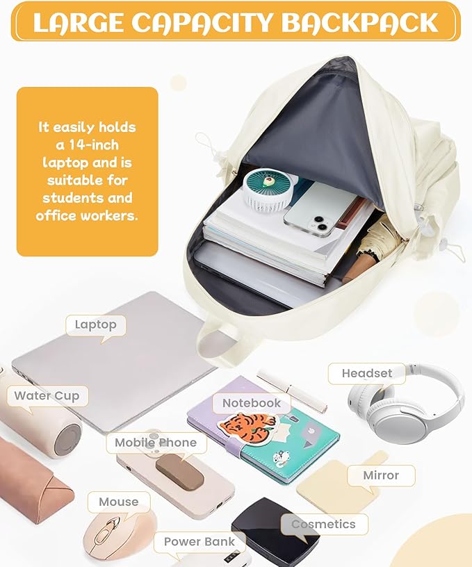 School Backpack for Teen Girls Lightweight College Backpack Women Travel Backpacks Waterproof High School Bookbag for Men Classic Casual Daypacks(Beige)