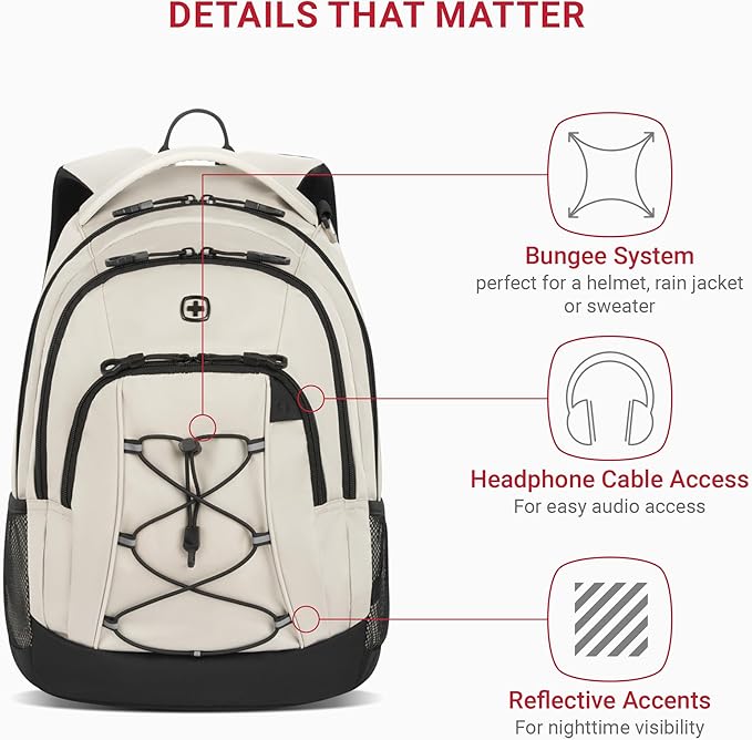 SwissGear 1186 Special Edition 13” Laptop Backpack Cream/Black– Compact Tech Bag with Reflective Accents – Multiple Organizer Pockets with Bungee Cords & D-ring Attachment Point