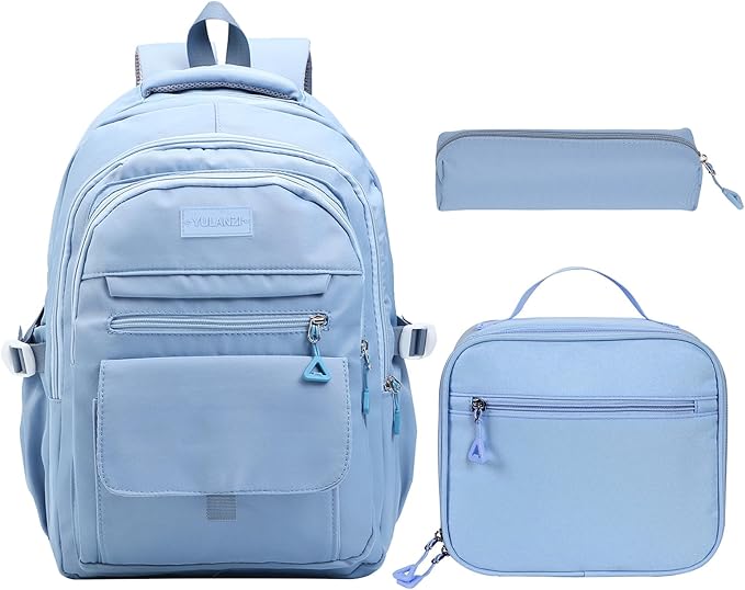 Phaoullzon Teen Girls School Backpack with Lunch Box for Boys, College Aesthetic Laptop Bookbag for Women,Blue