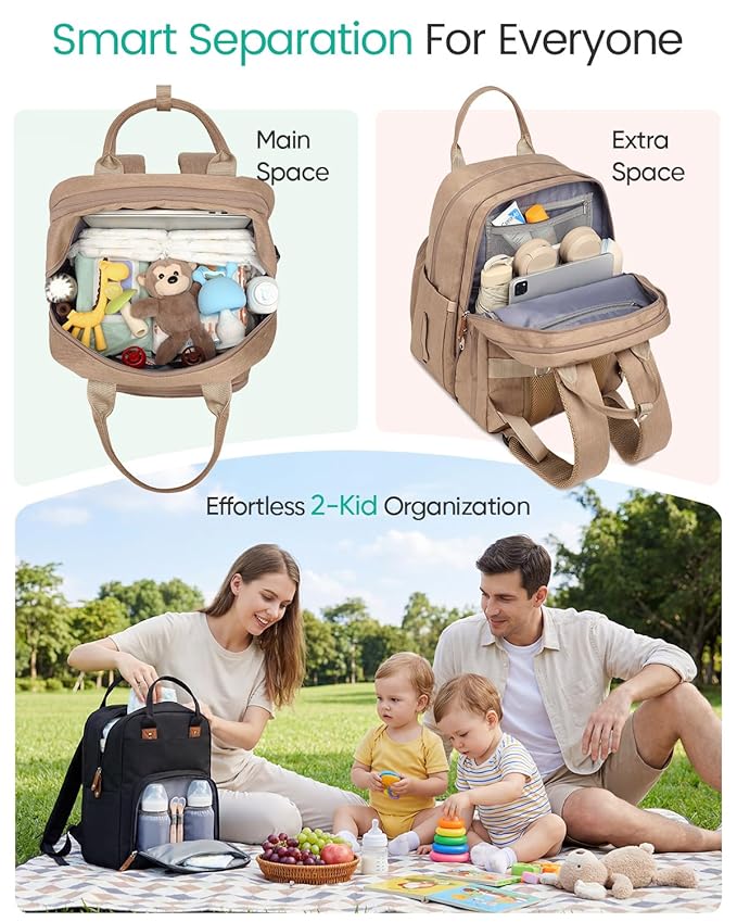 Extra Large Diaper Bag Backpack for Two Kids Twins - Expandable Baby Bag (26-36L), Dual Big Compartments - Includes Changing Pad & Stroller Straps, Unisex Premium Khaki