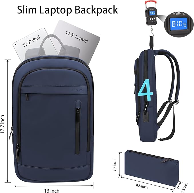 Business Backpack for Men Lightweight Commute Laptop Backpack Anti-Theft Water Resistant Backpack for 17.3 Inch Computer for Daily Office Work with Small Bag (Blue, 17.3")