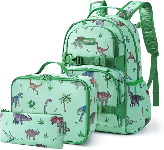 mommore Kids Backpack for Boys 4-8 with Lunch Box Elementary Kindergarten Preschool School Backpack 15'' Fit Folders Bottles, Green Dinosaur