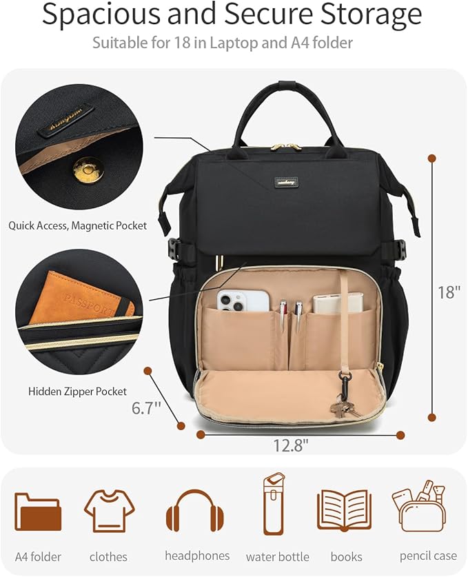 18in Computer Backpack for Women, Work Bag Laptop Bookbag with Cup Holder & USB Charger for Teacher Nurse College Travel Back Pack, Gifts, Black