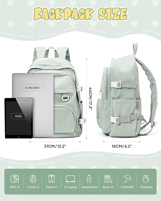 Lightweight Backpack for College & High School Backpack With Lots of Pockets Cute School Bag for Girls Boys, Large Capacity Bookbag for Women Men, Waterproof Teens Casual Daypack Backpack(Green)