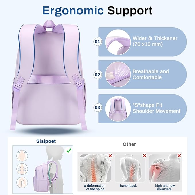 School Backpack for Girls, Lightweight Kids Bookbag Classic College Backpack for Teen Women with Luggage Strap, Age 8-18 Years Old, Purple