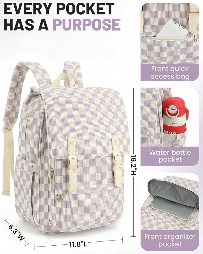 Corduroy Laptop Backpack for Women, Fits 15.6 Inch Computer Bag, College High School Bookbag Travel Daypack Purse, Work Business Bags - Corduroy Checkered Purple