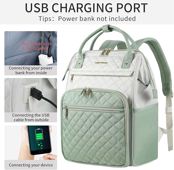 EMPSIGN 17 Inch Laptop Backpack for Women, Work Business Travel Computer College Bags, Large Capacity Water-repellent Quilted Casual Daypack with USB Port, Beige-Light Green