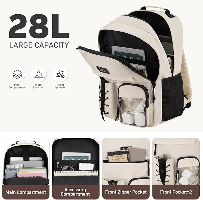 School Backpack for Women, Bookbag for Teen Girls College Backpacks for Students Large 15.6 Inch Laptop Bag for Travel Work, Beige