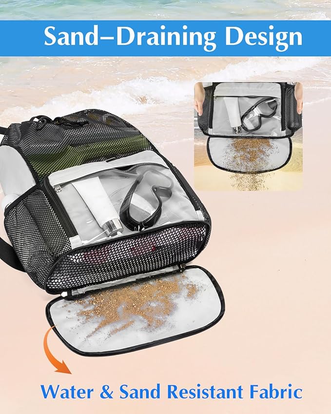 Drawstring Backpack Sandproof Beach Backpack with Shoe Compartment & Wet Pocket Waterproof Mesh Swim Bag Pool Bag for Gym, Travel and Workout Gear (Beige)