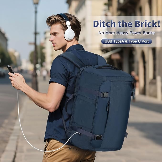40L Travel Backpack, TSA Friendly Flight Approved Carry on Backpack for Men Women, Fits 17.3 Inch Laptop with USB-A&C Ports, Weekender Bag, Blue